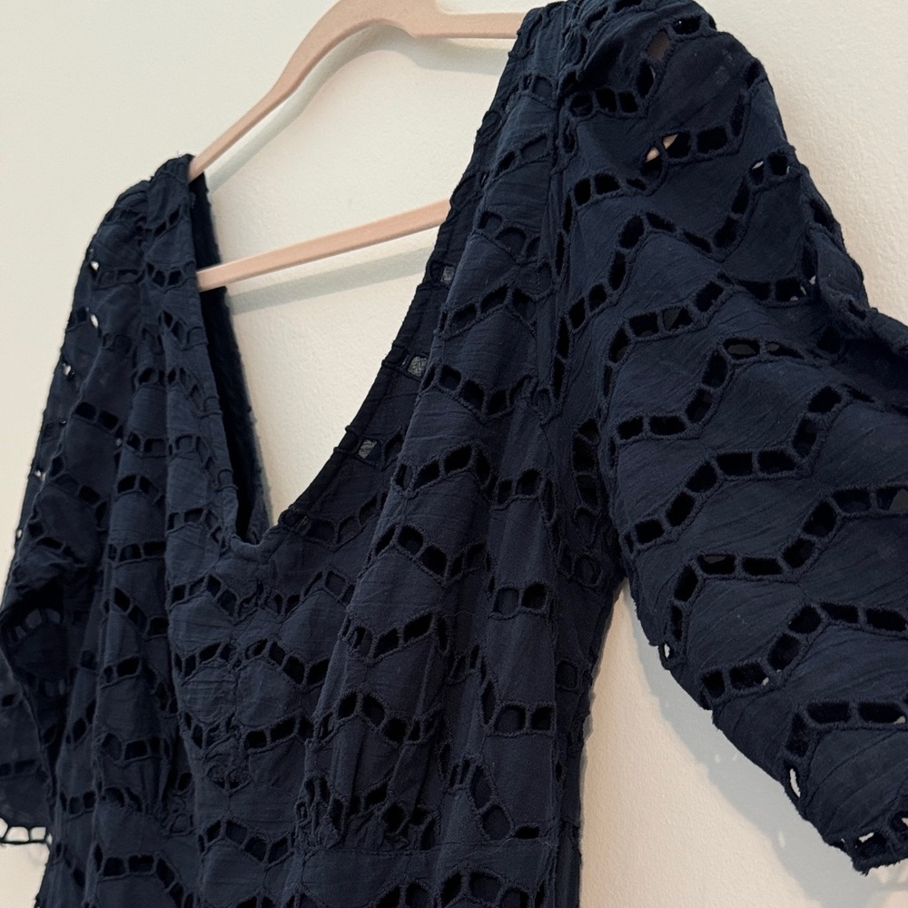 Gretchen Scott Navy Blue Cotton Eyelet Maxi Dress with Sleeves - Size Large - Picture 3 of 9
